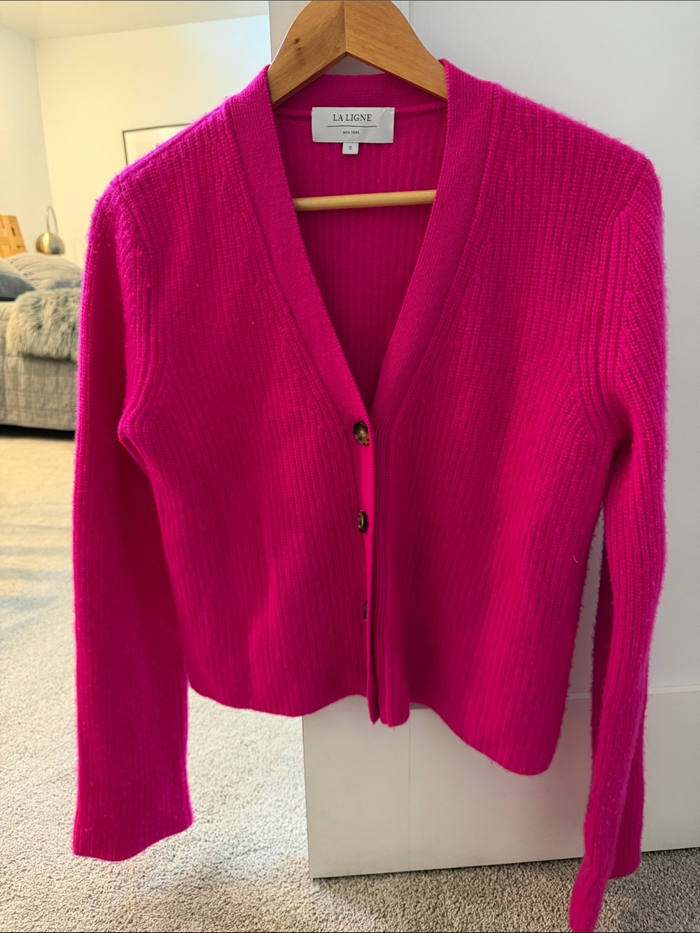 La Ligne Bright Hot Pink Ribbed V-Neck Cardigan